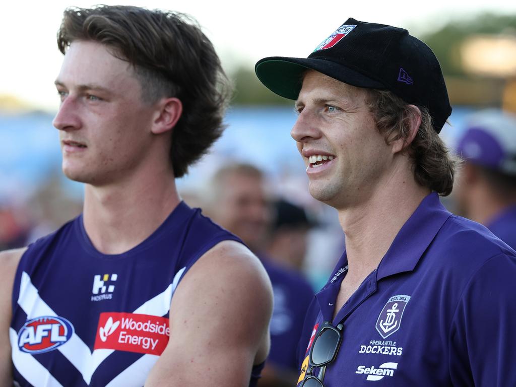 Nat Fyfe (R) remains sidelined. Picture: Paul Kane/Getty Images