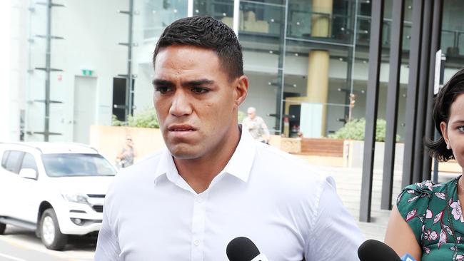 Broncos player Joe Ofahengaue supported by his partner Sofi Leota at Ipswich courts after his drink driving charge. Photographer: Liam Kidston.