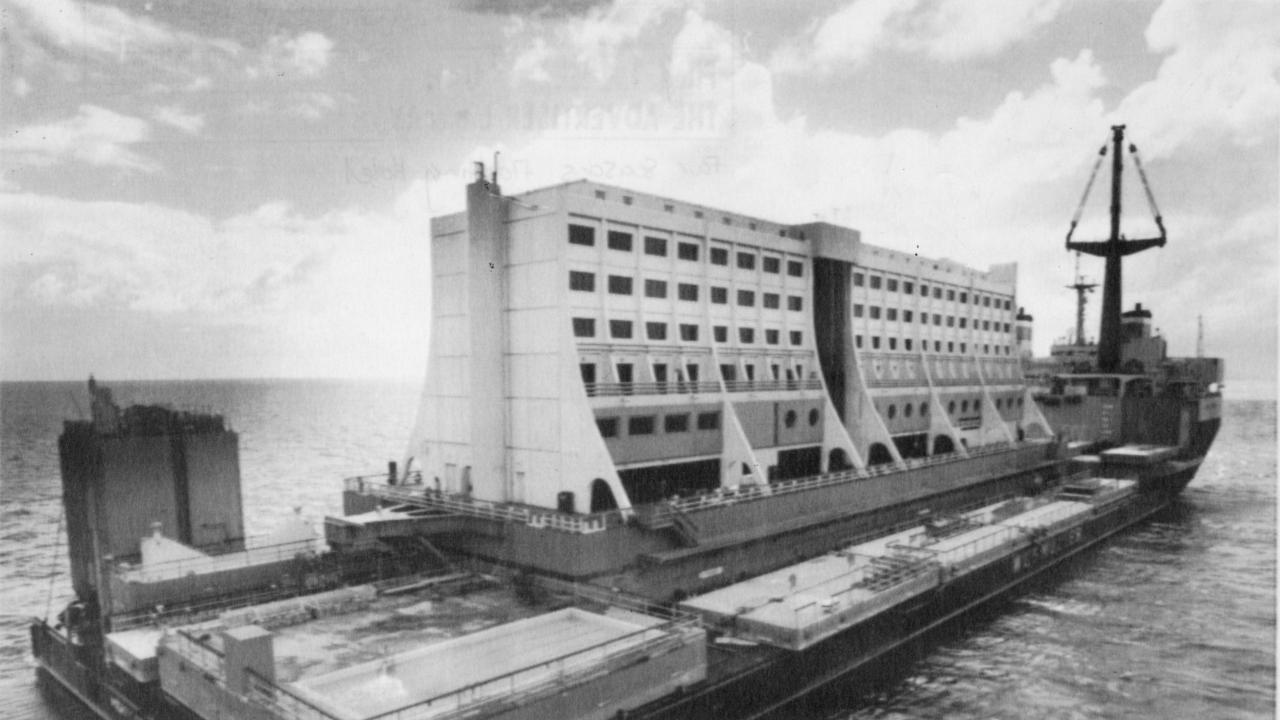 The Four Seasons Floating Hotel off John Brewer Reef, North East of Townsville is pictured on its transport ship after arriving from Singapore 03 Jan 1988.