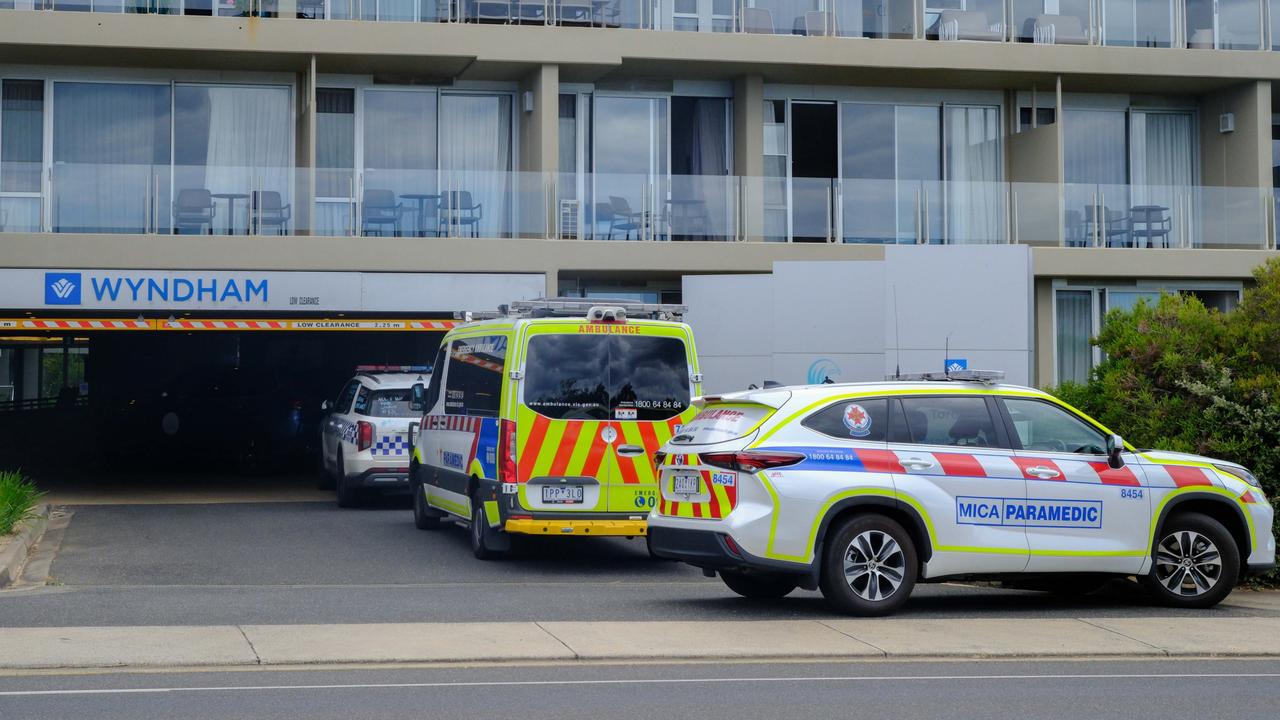 Police and paramedics on scene at the Wyndham resort in Torquay after a man in his 60s was badly injured in a fight. Picture: Shaun Viljoen