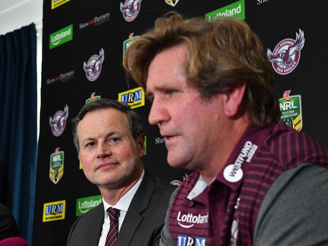 Scott Penn (left) pictured with Des Hasler after Hasler joined the club in 2018. Picture: AAP Image/Brendan Esposito