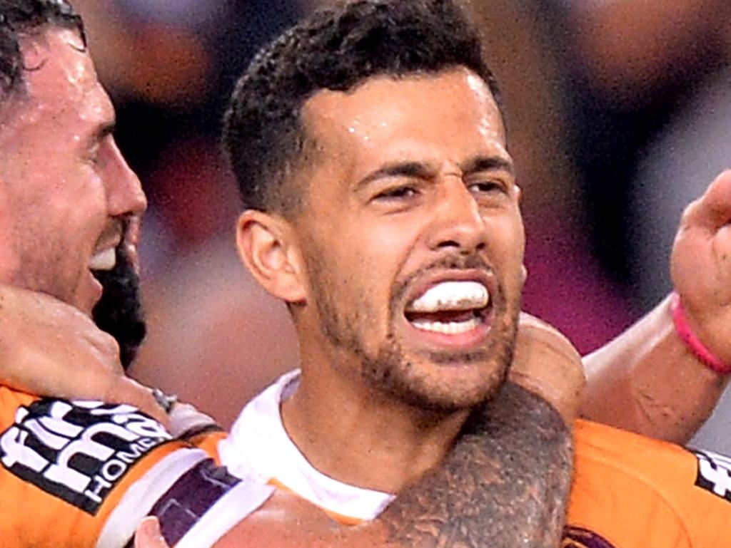 BRISBANE, AUSTRALIA - JULY 26:  Jordan Kahu of the Broncos celebrates victory with his team mates after the round 20 NRL match between the Brisbane Broncos and the Cronulla Sharks at Suncorp Stadium on July 26, 2018 in Brisbane, Australia.  (Photo by Bradley Kanaris/Getty Images)