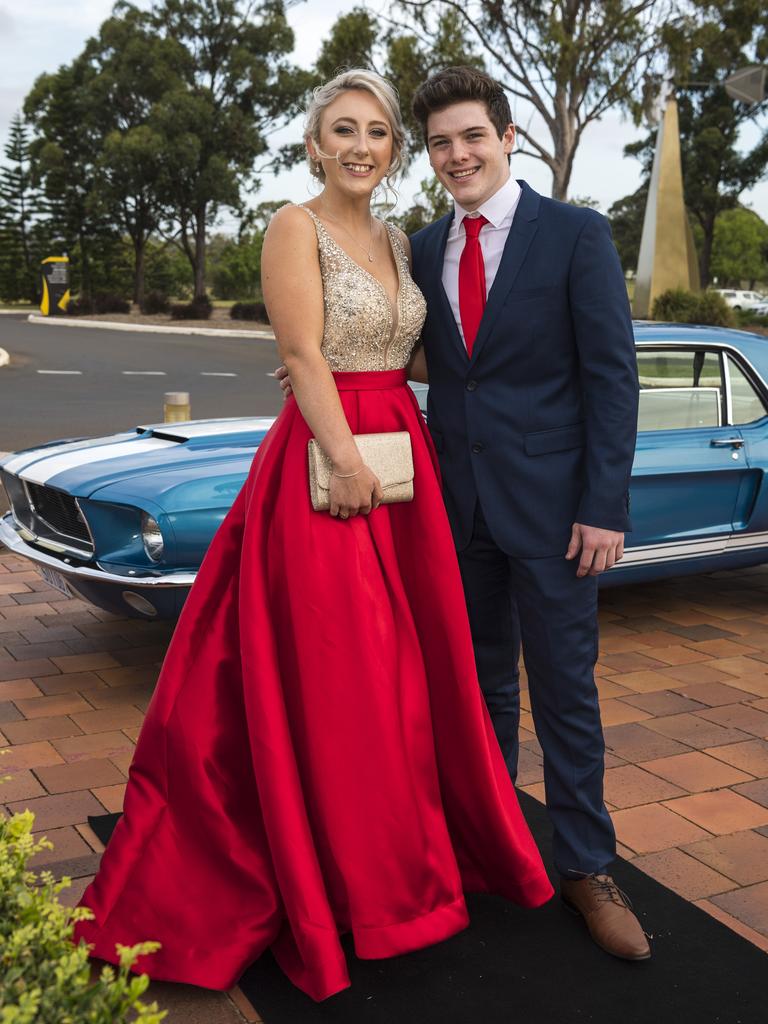 Hannah Wheeler with partner Adam Francis arrive at Wilsonton State High School formal at USQ, Wednesday, November 18, 2020. Picture: Kevin Farmer