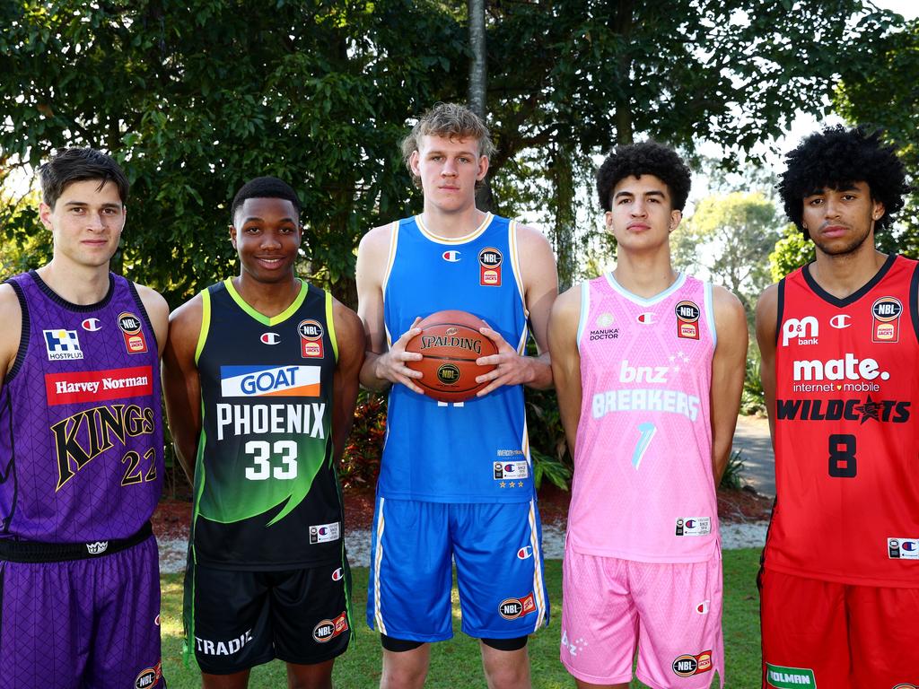 The 2024 NBL Next Stars Alex Toohey, Malique Lewis, Rocco Zikarsky, Karim Lopez and Izan Almansa. Picture: Getty Images