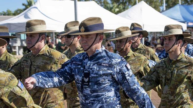 Over 270 Australian Defence Force (ADF) personnel are farewelled by family and friends at Robertson Barracks ahead of their upcoming deployment into the Middle East Region. Picture: KERI MEGELUS