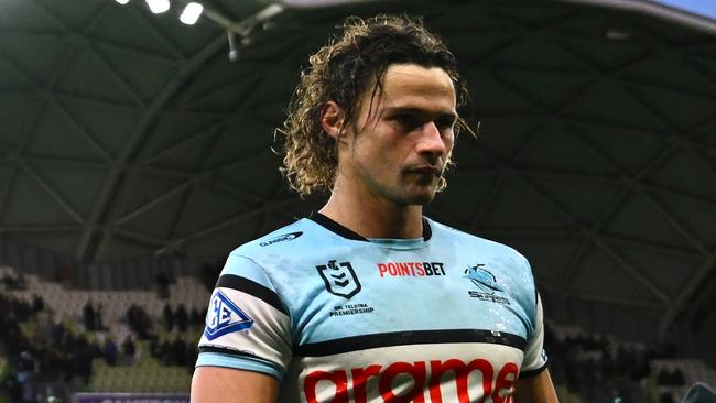 MELBOURNE, AUSTRALIA - SEPTEMBER 14:  Cameron McInnes and Nicho Hynes of the Sharks walk off the field after losing the NRL Qualifying Final match between Melbourne Storm and Cronulla Sharks at AAMI Park on September 14, 2024 in Melbourne, Australia. (Photo by Quinn Rooney/Getty Images)