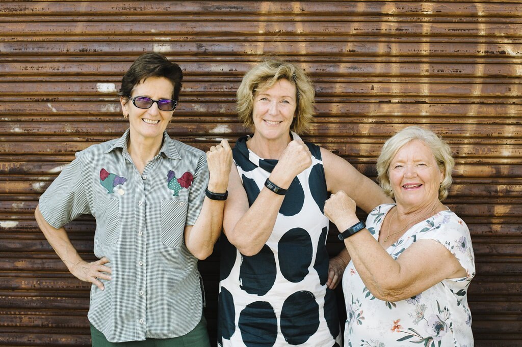 Participants in a USQ wearable technology study Margrit Rettke (left) and Rose McGuire (right) with facilitator Dr Ann Morrison from USQ's Digital Life Lab. Picture: USQ Photography, Katie Finn