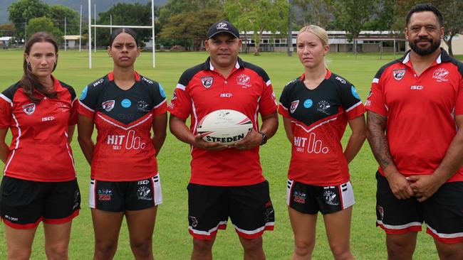 Kirwan Grizzlies 2025 coaching staff with players. Left to Right: Kate McCulloch (Assistant Coach), Nylani Namai, Matt Bowen (Head Coach), Ava Wagner, David Faiumu (Director of Rugby League). Picture: Supplied.