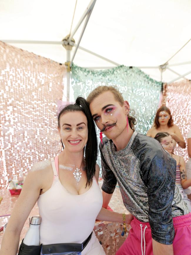 Dylan Kirkhope, from the Glitoris stall, right, with customer Mel Roberts, of Howrah. Picture: PATRICK GEE