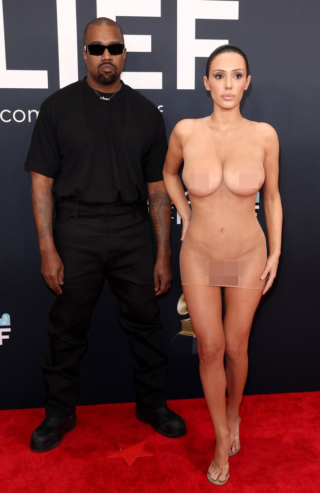 Kanye West and Bianca Censori shocked the world with their naked Grammys stunt. Picture: Matt Winkelmeyer/Getty Images