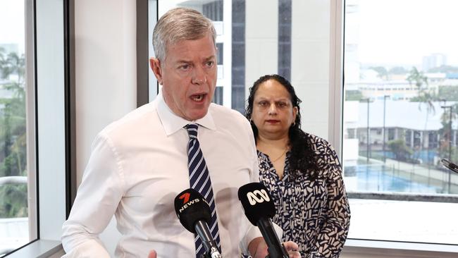 Queensland Health Minister Tim Nicholls held a press conference at the Cairns Hospital with Cairns and Hinterland Hospital and Health Service chief executive Leena Singh, after the state government declared hormone therapies for new gender diverse patients under 18 years old will be paused at public health facilities while a review into the practice is conducted. Picture: Brendan Radke