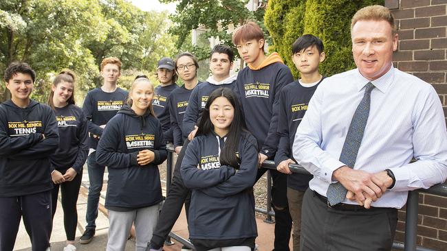 Box Hill Senior Secondary College’s new executive principal Warren Dawson with students. Picture: Ellen Smith