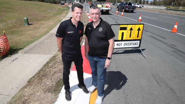 Supercars Event Manager, Matthew Ramsden, and local business owner, Mick Ellison Mano's Bar &amp; Grill, check out the start of works. Picture: Glenn Hampson