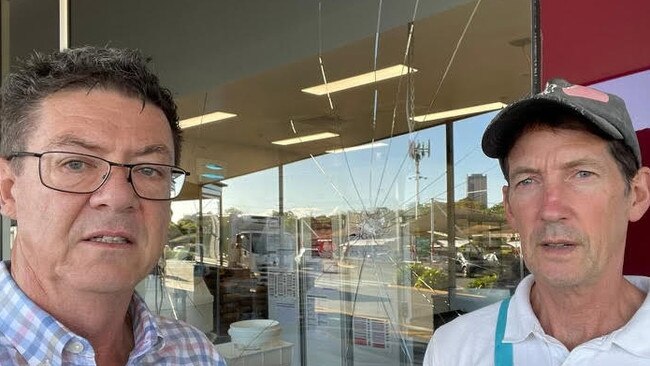 Southport MP Rob Molhoek talking to retailers at Southport Park Shopping Centre after youth vandals struck, smashing windows.