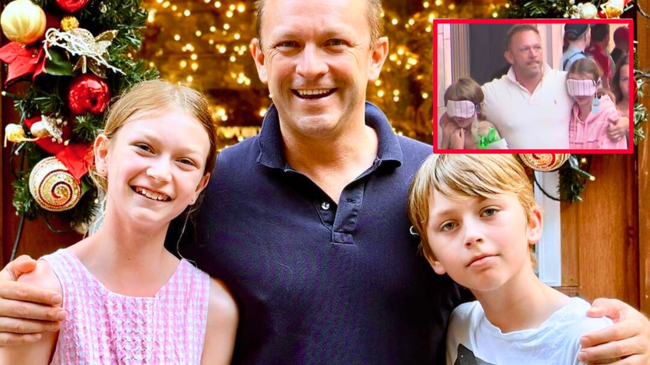 Bondi Junction attack hero dad Chris Walsh, and his children whom he masked on the day. Image: Supplied