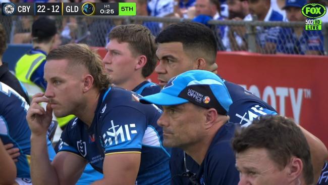 David Fifita (middle) spent the entire first half sitting on the bench. Photo: Fox League.