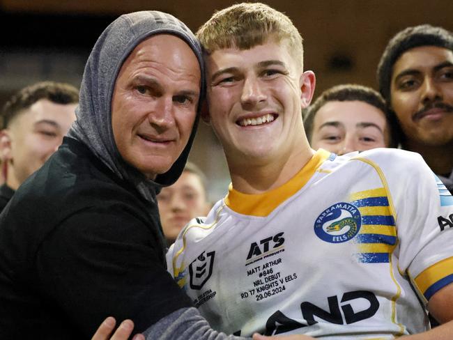 Rising Eels star Matt Arthur (right) has been granted permission to negotiate with rival clubs, with the young hooker angry at the club’s treatment of his dad, Brad (left) Picture: NRL Imagery