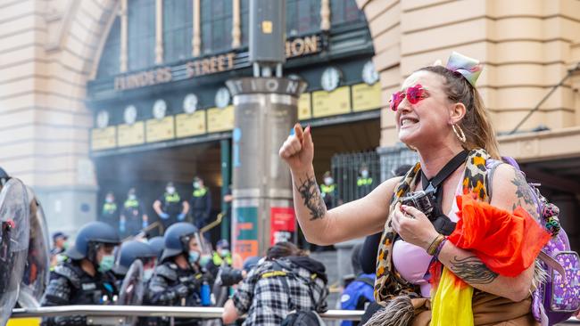 Police and protesters at Freedom Rally in Melbourne’s CBD. Picture: NCA NewsWire/Sarah Matray