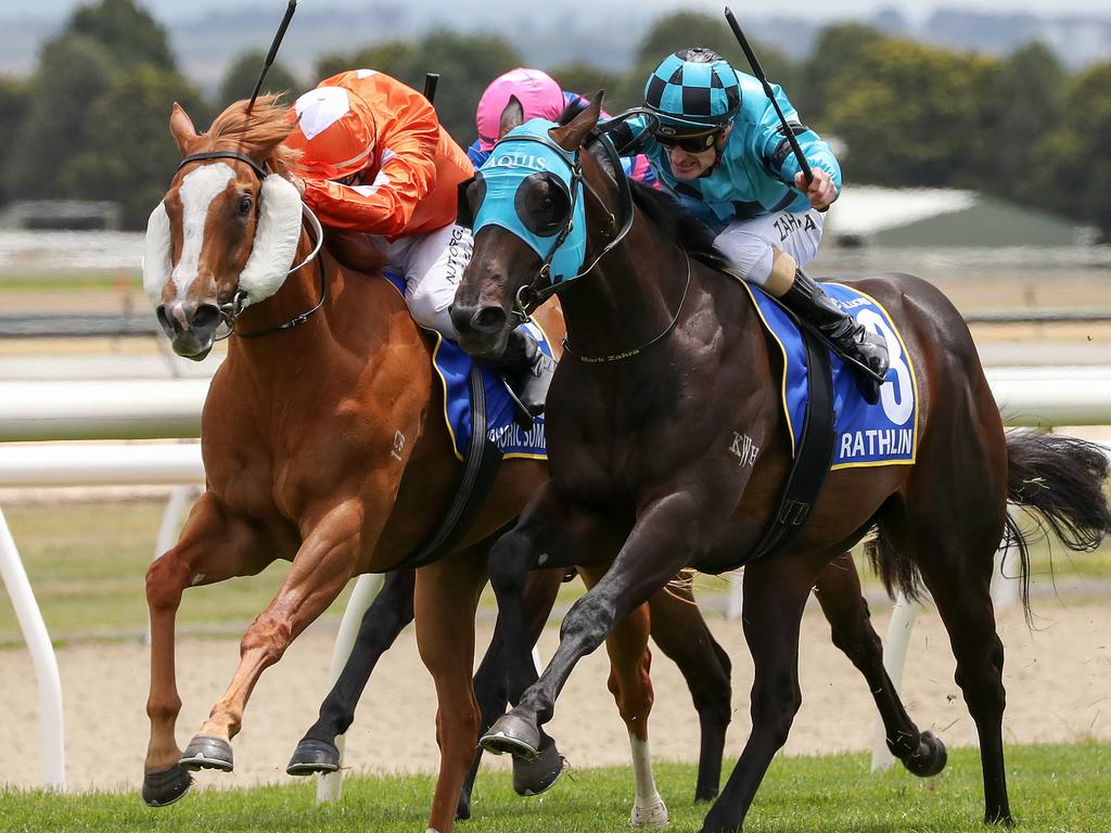 Euphoric Summer (left) wins the Magic Millions 2YO Clockwise Classic last month.