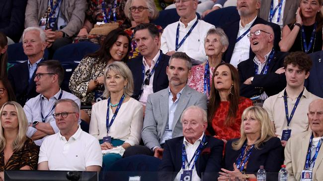 That’s Mr Albanese’s partner, Jodie Haydon, on the left, and tennis legend Rod Laver two seats to the right of him. Picture: David Gray/AFP