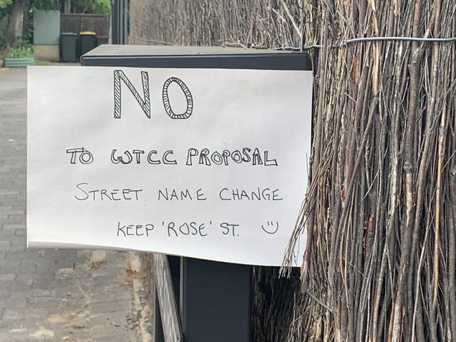 A protest sign on a Rose Street property at Mile End, opposing a proposed name change to Hellenic Avenue. Pic: PAULA THOMPSON