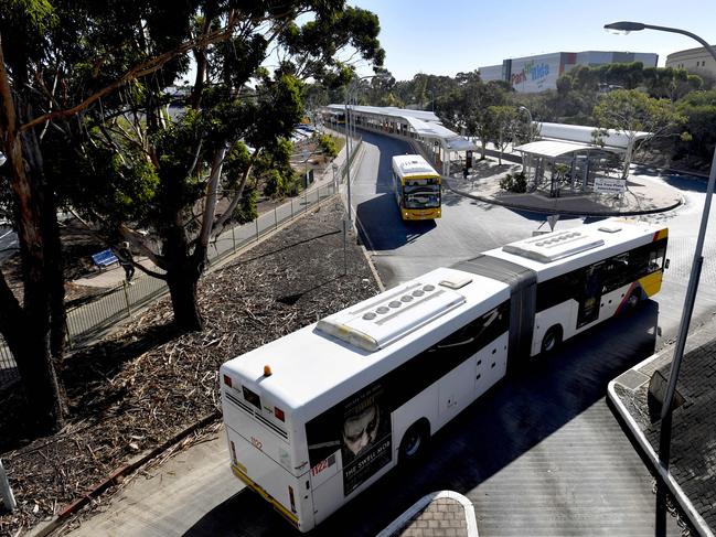 The end of the O Bahn track, part of Adelaide's public transport system, at Tea Tree Plaza Interchange in Modbury, a North East suburb of Adelaide, with the Park n Ride in the background pictured on Tuesday 7 May, 2019. (AAP Image/Sam Wundke)