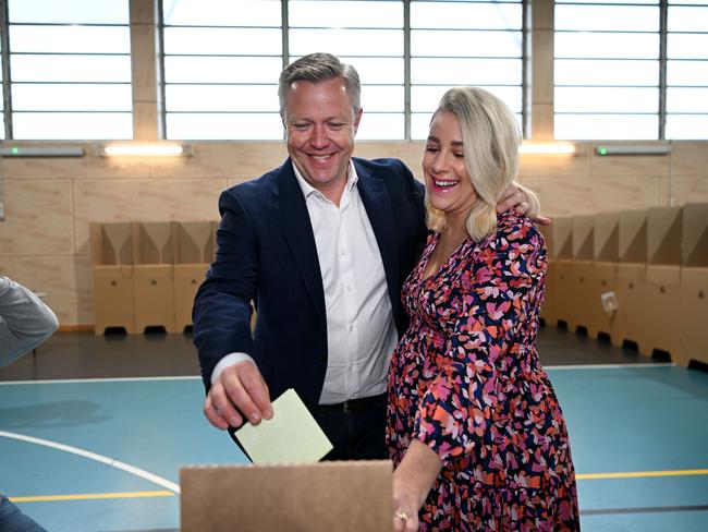 GOLD COAST, AUSTRALIA - NewWire Photos - JULY 15, 2023. LNP candidate for the federal seat of Fadden, Cameron Caldwell and his wife Lauren vote at Coomera Rivers State School in the seatÃs by-election, following the resignation of Stuart Robert.Picture: Dan Peled / NCA Newswire