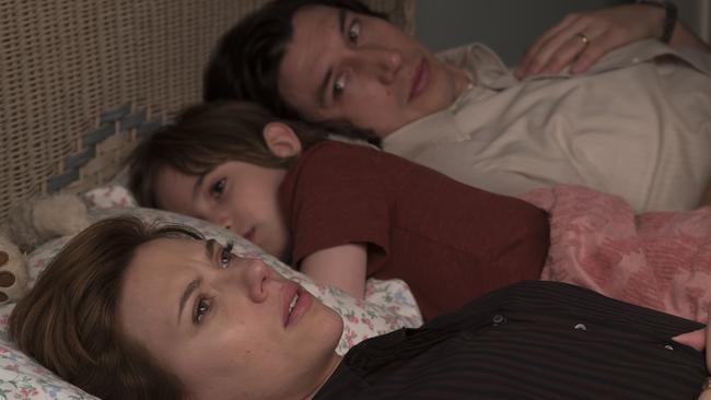 Scarlett Johansson, Azhy Robertson and Adam Driver in a scene from the movie Marriage Story. Supplied by Netflix.