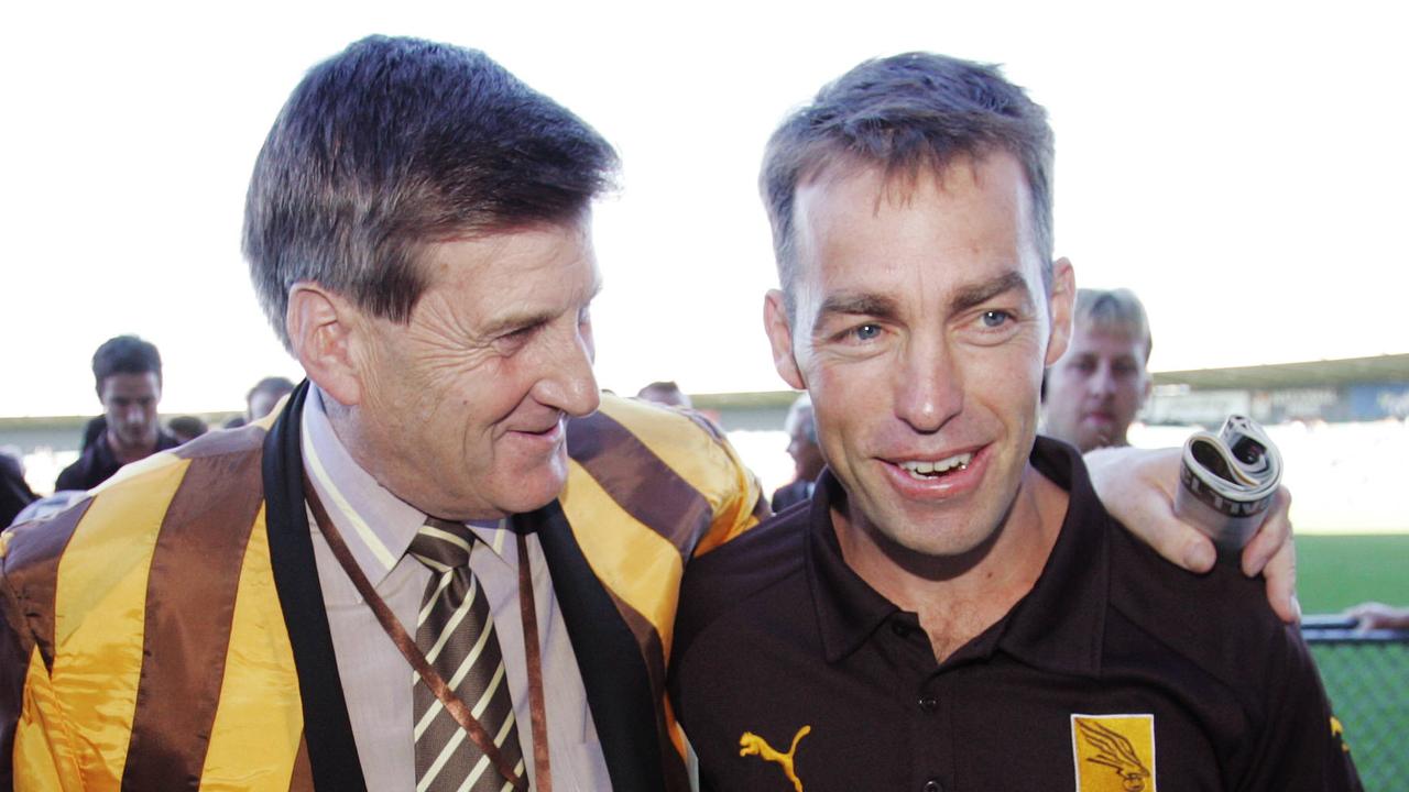 Jeff Kennett enjoys a win with Alastair Clarkson in Launceston.