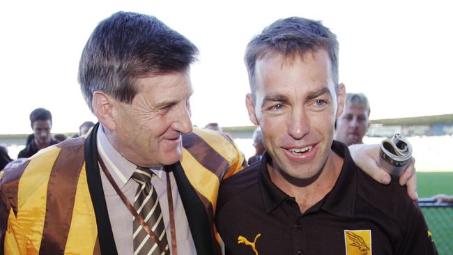 Jeff Kennett enjoys a win with Alastair Clarkson in Launceston.