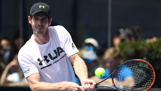 Andy Murray of Great Britain plays a backhand during a practice session on day six of the 2017 Australian Open. (Photo by Clive Brunskill/Getty Images)
