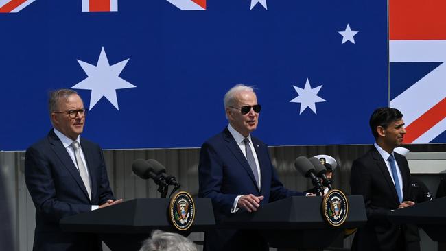 Anthony Albanese, left, Joe Biden and Rishi Sunak at Naval Base Point Loma in San Diego, California, on Tuesday. Picture: Getty Images