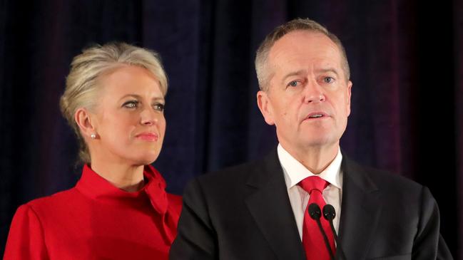 Bill Shorten makes his concession speech, with wife Chloe in Melbourne. Picture: Stuart McEvoy