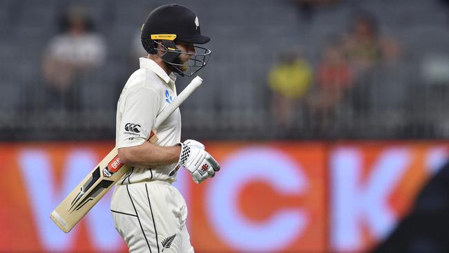 New Zealand captain Kane Williamson leaves the field after being caught out by Australia's Steve Smith. Picture: AFP