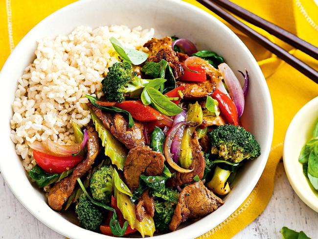 Pepper pork, vegetable and basil stir-fry.