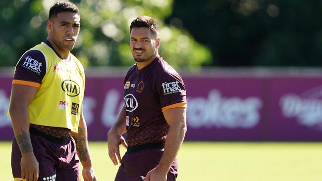 Joe Ofahengaue and Alex Glenn are the only remaining Broncos forwards from the 2015 grand final. Picture: Dave Hunt/AAP