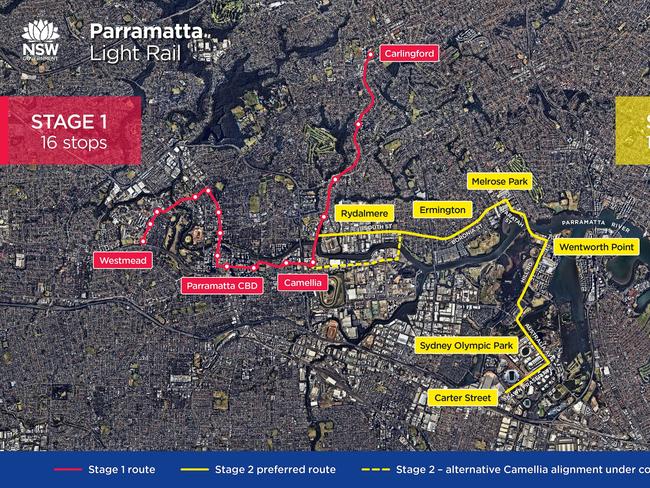 The Parramatta Light Rail Stage 1 route and what's been proposed for Stage 2.