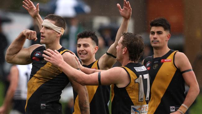 Brayden Sier celebrates a goal for Heidelberg. Picture: Hamish Blair