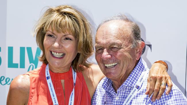 Katie Page-Harvey and Gerry Harvey at the Pacific Fair Magic Millions Polo at The Spit, Southport. Picture: Jerad Williams.