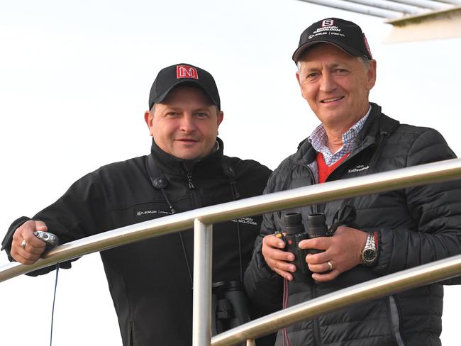 Redzel trainers Peter (right) and Paul Snowden are seen during trackwork at Royal Randwick Racecourse in Sydney, Monday, October 14, 2019. (AAP Image/Simon Bullard) NO ARCHIVING, EDITORIAL USE ONLY