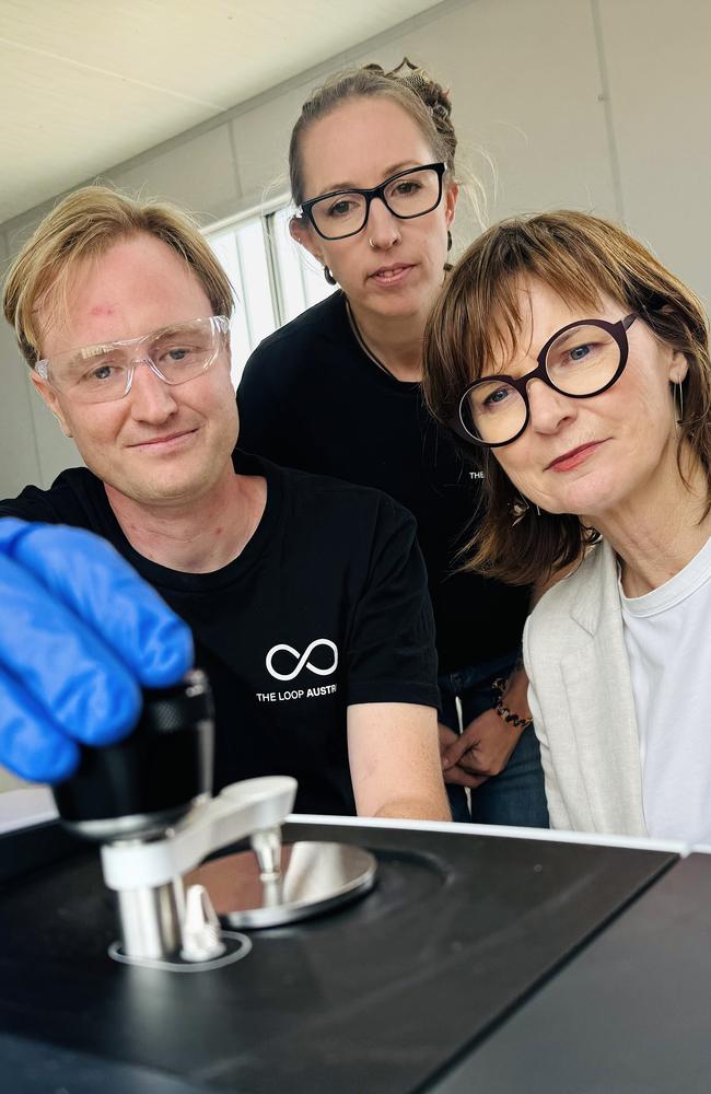 Senior chemist Jacob Fry, drug checking director Sarah Hiley and Acting Minister for Mental Health Mary-Anne Thomas at the pill-testing trial facilities at Beyond The Valley. Picture: Alison Wynd