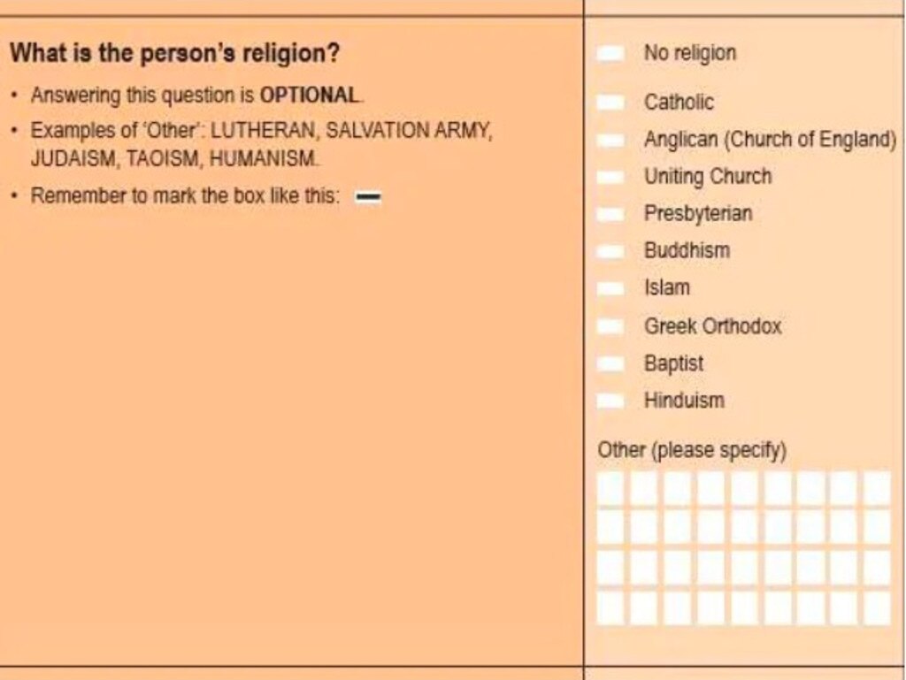 The religion question on the 2016 Census. Picture: ABS Census of Population and Housing, 2016