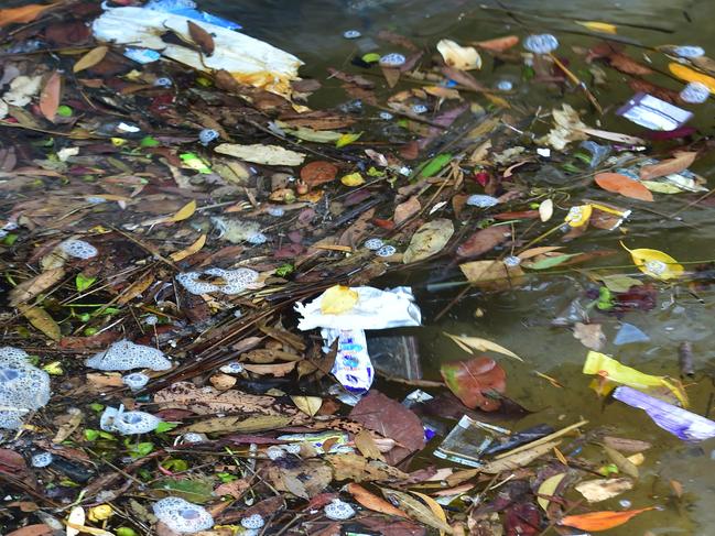 The water at Lake Kawana, on the Sunshine Coast, littered with rubbish from swimming caps to plastic bottles and wrappers. Picture: Che Chapman/Sunshine Coast Daily