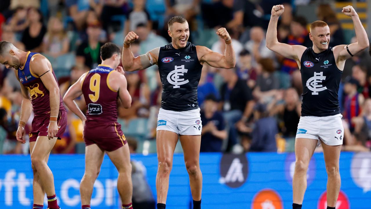 Patrick Cripps of the Blues reacts after the final siren. Picture: Dylan Burns/AFL Photos via Getty Images
