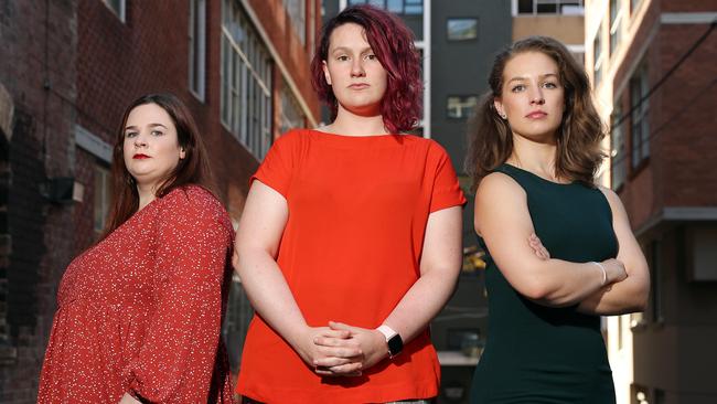 Rachael Burgin (l to r), Saxon Mullins and Katrina Marson from Rape and Sexual Assault Advocacy and Research. Picture: Tim Hunter