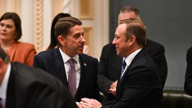 Premier Steven Miles (right) congratulates Queensland Treasurer Cameron Dick after he delivered the 2024-25 State Budget, at Parliament House. Picture: Dan Peled