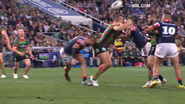 Waerea-Hargreaves comes in at Burgess’ legs.