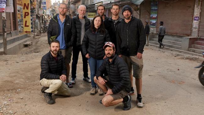 South Australians stuck in Nepal: Anthony Keane, Paul Ashenden, Tony Symons, Jody Hutton, Ryan Cox, Brook Hutton, Brad Fleet and Jonathon Creasey. Picture: Brad Fleet