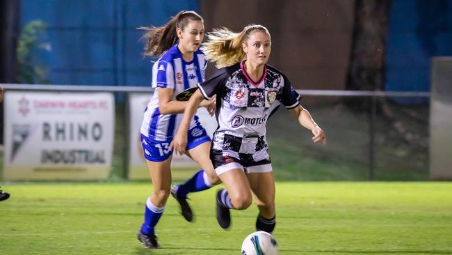 Casuarina midfielder Lauren Douglas has shown her leadership value in the 2023 NT Football Women's Premier League. Picture: Daniel Abrantes