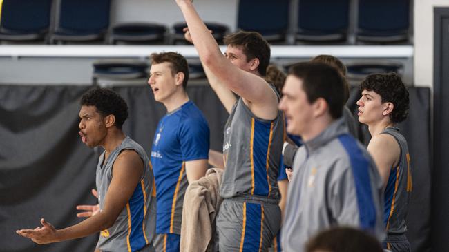 Churchie celebrate a point against Toowoomba Grammar School 1st V in Round 4 GPS basketball at Toowoomba Grammar School, Saturday, August 3, 2024. Picture: Kevin Farmer